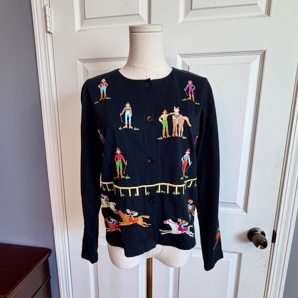 Michael Simon Lite Womens Black Equestrian Horse Race Embroidered Cardigan Small